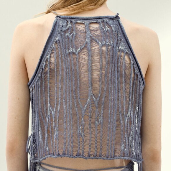 Hm Studio Collection Tie Strap Knitted Top Linen Blend Dusty Blue Large - Picture 2 of 14